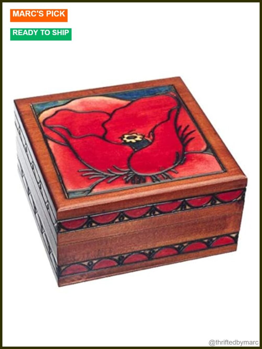 Handmade Wooden Jewelry Keepsake Box Polish Poppy Floral Ring Organizer